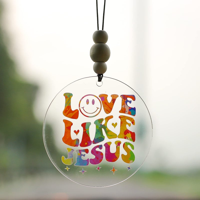 Talataca Christian 2D Flat Car Ornament & Wood Beads  Love Like Jesus  Bible Verse Beaded Rear View Mirror Accessories  Rearview Hanging Charm  Christmas Tree Decor  Religious Gift - Image 4